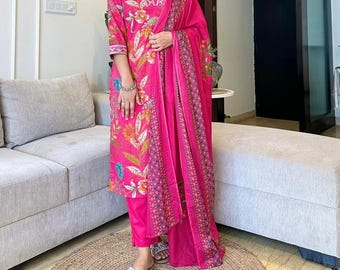 Kurti recto con estampado floral, pantalón y dupatta, conjunto de kurta de diseñador para boda india, 3 piezas.