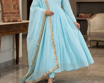 Conjunto de Kurti Anarkali azul con pantalón y dupatta, traje de Kurta de diseñador para boda india, conjunto de 3 piezas.