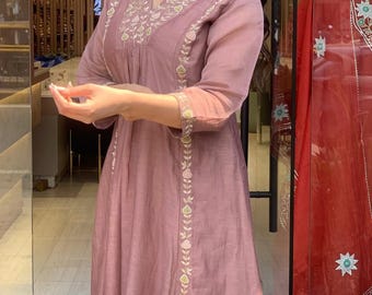 Rosa Chanderi Anarkali Kurti Pantalón Dupatta Diseñador Kurta Traje Vestido de Novia Indio 3PC Kurtis