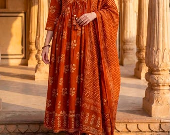 Conjunto de Kurti, pantalón y dupatta de algodón estampado, vestido de boda indio de 3 piezas.