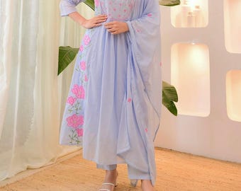 Vestido de boda indio con kurta, pantalón y dupatta Anarkali con diseño de yugo, ropa de verano, kurta de 3 piezas.