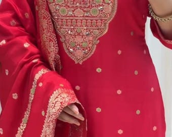 Pantalón Kurti de algodón rojo Dupatta Vestido de novia indio Conjunto de kurta bohemio Ropa de verano Kurtis