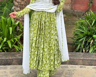 Traje Anarkali Rajasthani, pantalón, dupatta, conjunto de kurta de diseñador, vestidos de boda indios de 3 piezas.