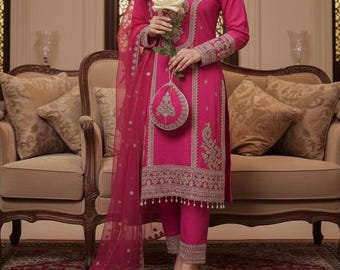 Conjunto de Kurti, pantalón y dupatta de seda rosa de diseñador: Traje de 3 piezas de seda romana bordada
