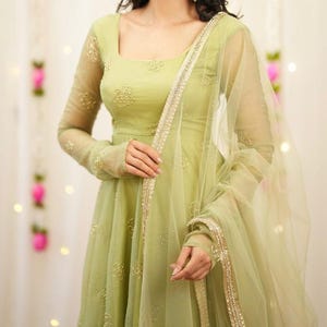 light green western dress Berylove Women Light Green V Neck Pleated Maxi Dress A Line Long Sleeve  Floral Wedding Guest Dress with Slit main image 0