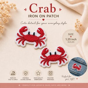May include: Two red and white embroidered crab iron-on patches. The text reads Crab IRON ON PATCH and SIZE 1.25 inch (3.2 cm). Icons indicate iron-on application, durability, high-quality embroidery, and machine washability for jackets, bags, and hats.