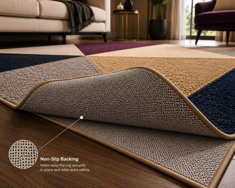 May include: A rectangular area rug featuring a geometric pattern in shades of navy blue, tan, gray, and deep purple. The rug has a textured pile surface and a tan fabric border. A corner is folded back to reveal a textured, non-slip backing material.