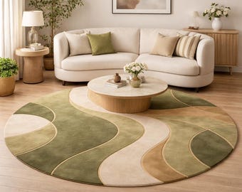 Abstract Wave Round Area Rug, Green Neutral Plush Carpet, Modern Living Room Floor Rug
