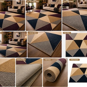 May include: A rectangular area rug featuring a geometric pattern of triangles in shades of navy blue, dark purple, tan, and gray. The rug has a textured pile surface, a finished bound edge, and a light-colored, non-slip backing material.