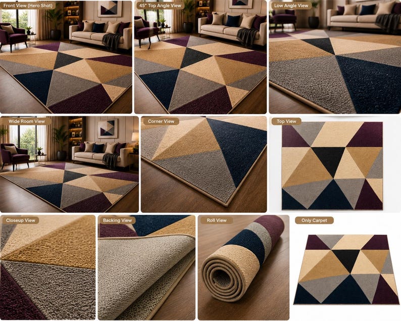 May include: A rectangular area rug featuring a geometric pattern of triangles in shades of navy blue, dark purple, tan, and gray. The rug has a textured pile surface, a finished bound edge, and a light-colored, non-slip backing material.