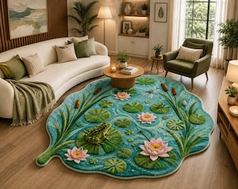 Whimsical Lily Pond Area Rug, Frog Botanical Carpet, Turquoise Nature Floral Living Room