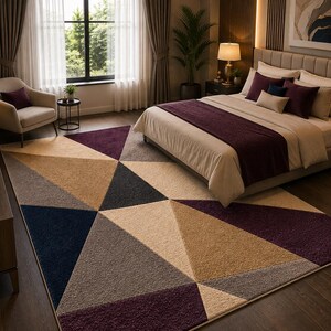 May include: A rectangular area rug featuring a geometric pattern of large triangles in shades of deep purple, navy blue, beige, and gray. The rug has a textured, plush pile surface and is positioned on a dark wood floor in a bedroom setting.