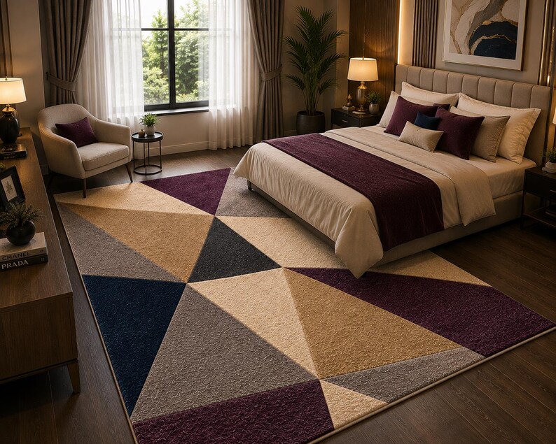 May include: A rectangular area rug featuring a geometric pattern of large triangles in shades of deep purple, navy blue, beige, and gray. The rug has a textured, plush pile surface and is positioned on a dark wood floor in a bedroom setting.