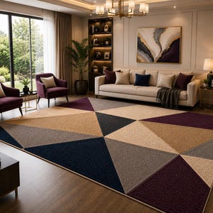 May include: A large rectangular area rug featuring a geometric pattern of triangles in shades of deep navy blue, dark plum, beige, tan, and gray. The rug has a textured, pile surface and is positioned on a wooden floor in a living room setting.