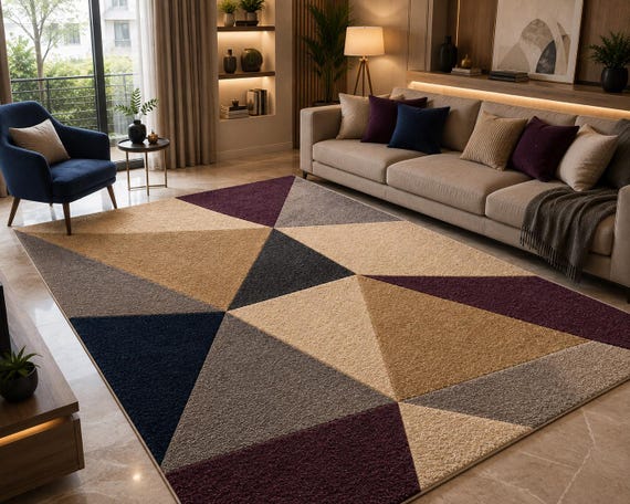 Modern Geometric Area Rug, Abstract Triangle Design, Burgundy Navy Beige Wool Blend (Hand-Tufted)
