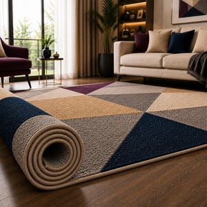 May include: A rectangular area rug featuring a geometric pattern of triangles in shades of navy blue, beige, gray, and deep purple. The rug has a textured, looped pile surface and is partially rolled up at one end, revealing the underside construction.