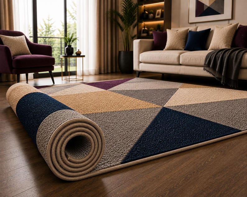 May include: A rectangular area rug featuring a geometric pattern of triangles in shades of navy blue, beige, gray, and deep purple. The rug has a textured, looped pile surface and is partially rolled up at one end, revealing the underside construction.