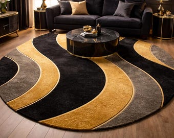 Black Gold Abstract Wave Rug | Modern Irregular Statement Carpet | Designer Living Room Area Rug