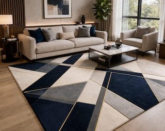 Modern Geometric Area Rug | Navy Blue Beige Abstract Gold Line Carpet