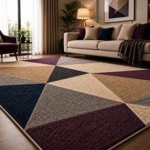 May include: A rectangular area rug featuring a geometric pattern of large triangles in shades of deep purple, navy blue, beige, and gray. The rug has a textured, high-pile surface and is finished with a clean, bound edge, covering a wooden floor.