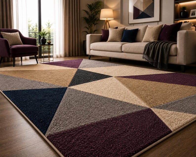 May include: A rectangular area rug featuring a geometric pattern of large triangles in shades of deep purple, navy blue, beige, and gray. The rug has a textured, high-pile surface and is finished with a clean, bound edge, covering a wooden floor.