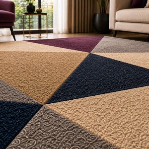May include: A large area rug featuring a geometric pattern of triangles in shades of navy blue, beige, dark purple, and gray. The surface has a textured, looped pile construction with a consistent weave throughout the entire floor covering design.