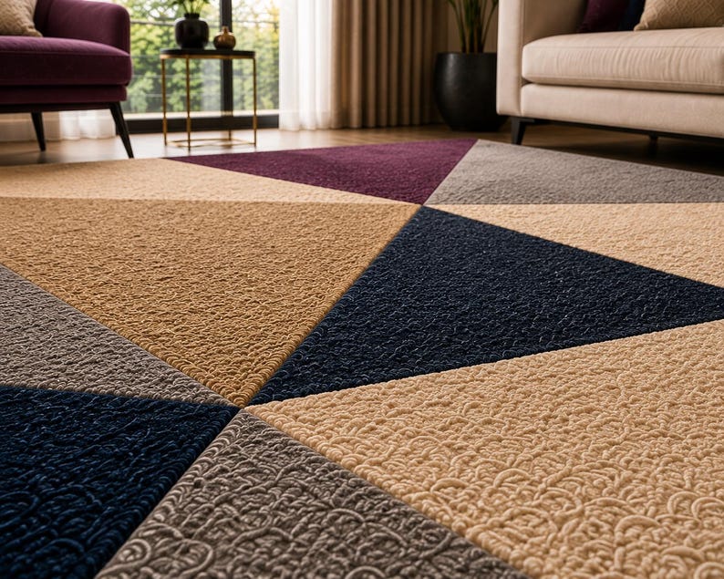 May include: A large area rug featuring a geometric pattern of triangles in shades of navy blue, beige, dark purple, and gray. The surface has a textured, looped pile construction with a consistent weave throughout the entire floor covering design.