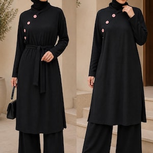Black Ribbed Tunic and Wide Leg Pants Set | Modest Islamic Clothing, Belted Outfit