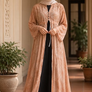 May include: A long-sleeved, peach-coloured open duster with a subtle pattern, featuring a drawstring waist and a row of small buttons at the neckline, worn over a solid black floor-length dress, paired with a matching peach-coloured headscarf.