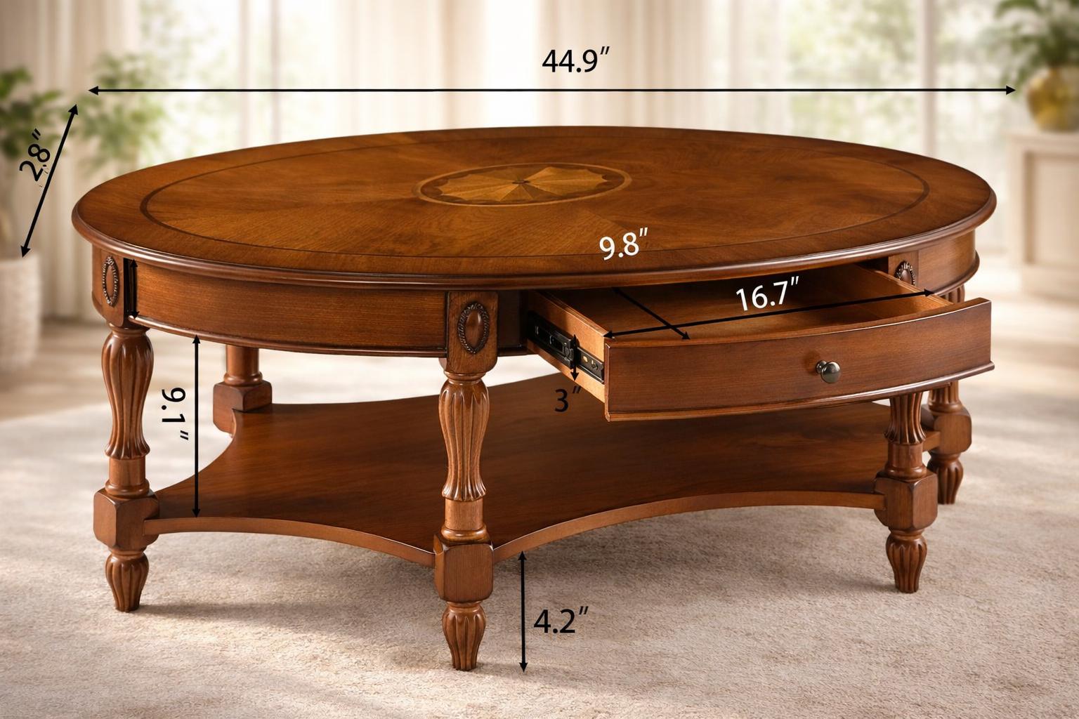 Solid Wood Oval Coffee Table With Storage Drawer Victorian Antique ...