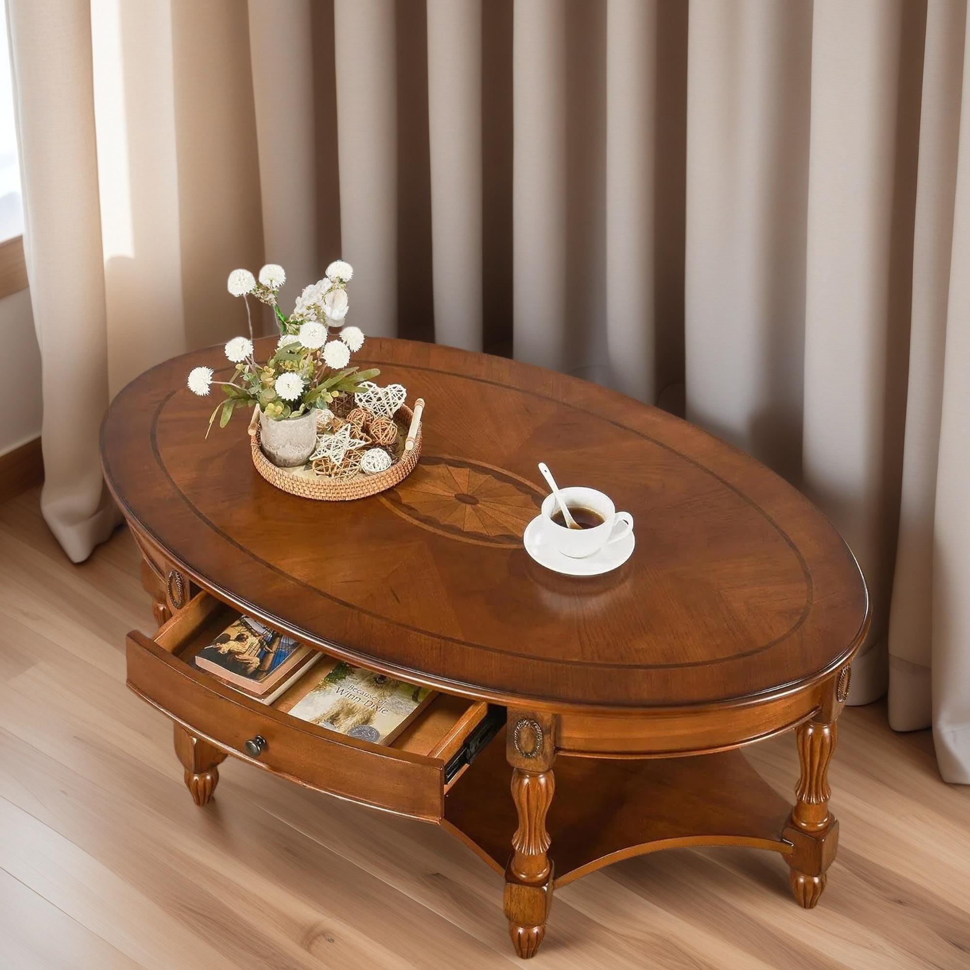 Solid Wood Oval Coffee Table With Storage Drawer Victorian Antique ...