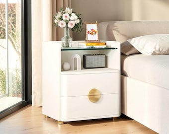 Modern White Nightstand with 2 Drawers, Open Shelf Bedside Table Storage Cabinet