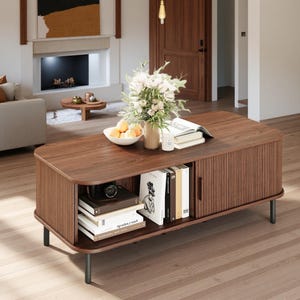 May include: A dark brown wooden coffee table with a slatted side panel and a storage compartment. The table has black legs and is topped with books, a bowl of oranges, and a vase of flowers. A modern living room setting.