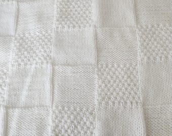 BABY BLANKET White Squares Handmade by Knitting  36x40