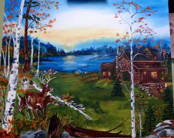 Cervo in tne woods da una cabina presso il lago è 20 X 24 pittura a olio firmata dall&#39;artista