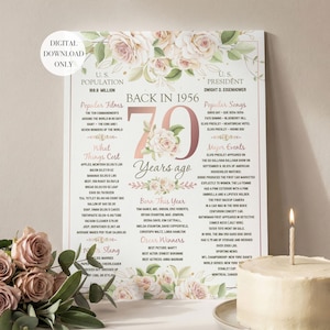 May include: A digital download print celebrating 70 years, featuring a floral design and text. The poster includes information about the U.S. population, popular films, songs, major events, and costs from 1956. A birthday cake with a lit candle is in the foreground.