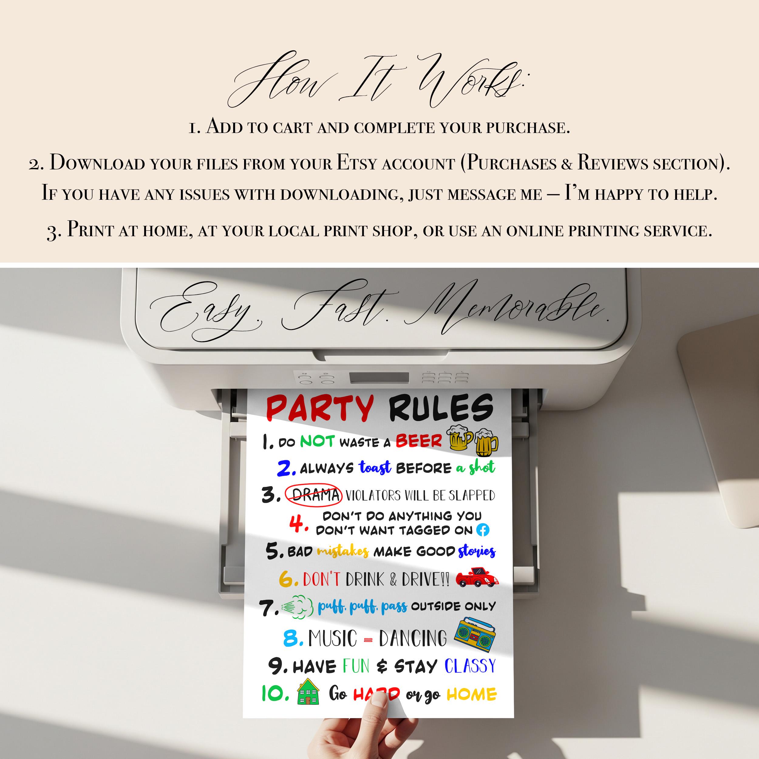 Party Rulers Funny Party Rules Poster for Birthday Party or Adult Bash, Digital ...