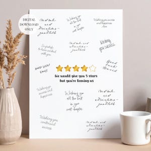 May include: A white digital download print with handwritten well wishes and a 5-star rating. The text includes phrases like "Good Luck!" and "Wishing you success and happiness." A white mug and decorative vase are in the image.