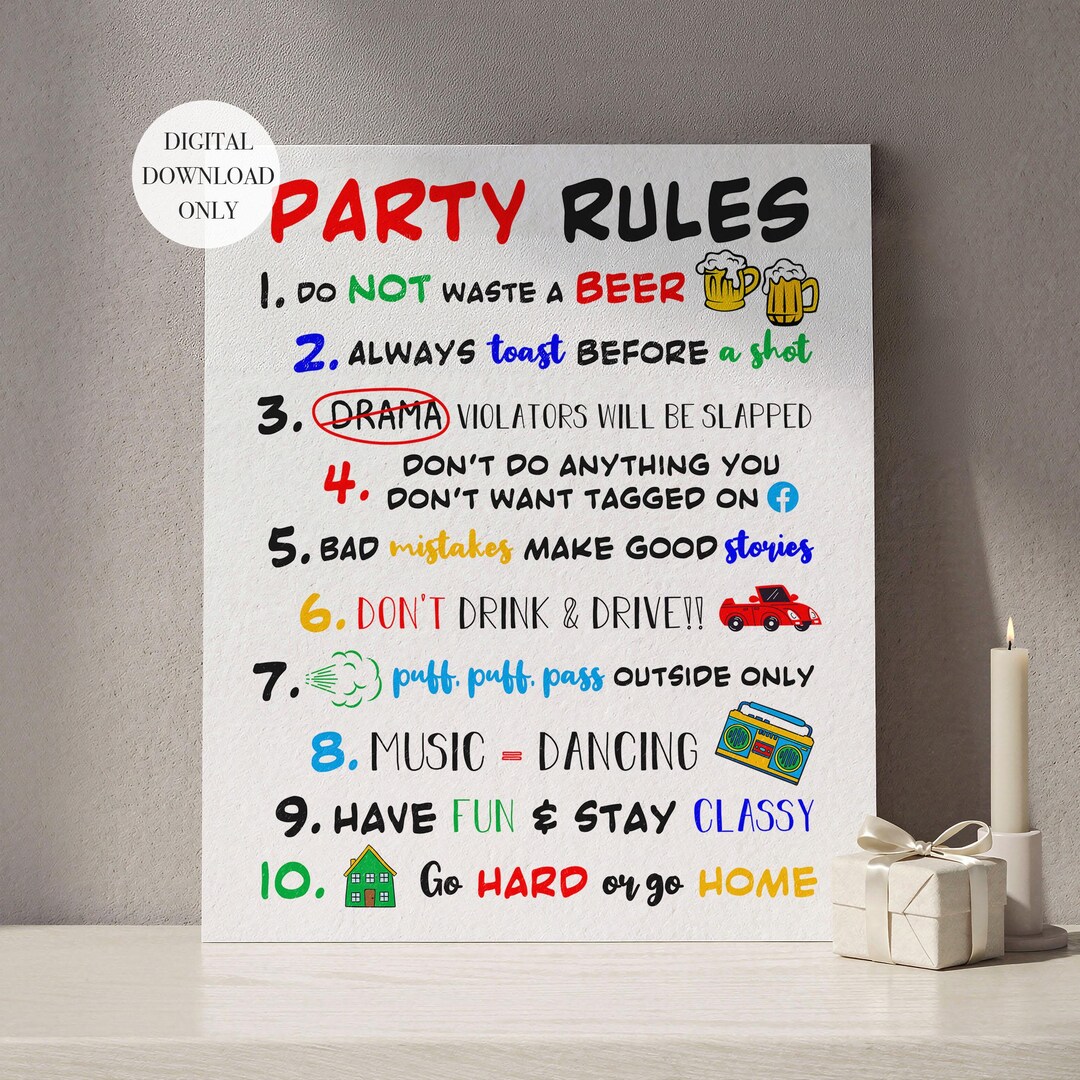 Party Rulers Funny Party Rules Poster for Birthday Party or Adult Bash, Digital ...