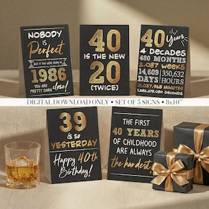 40th Birthday Decorations for Men Gold & Black Sign Set, Digital Printable Download