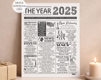 Year 2025 Newspaper Poster Time Capsule Sign for Party Decor, Digital Printable Download