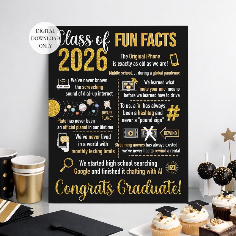 Gradutation Fatcs Class of 2026 Fun Facts Graduation Party Sign Black & Gold, Digital ...