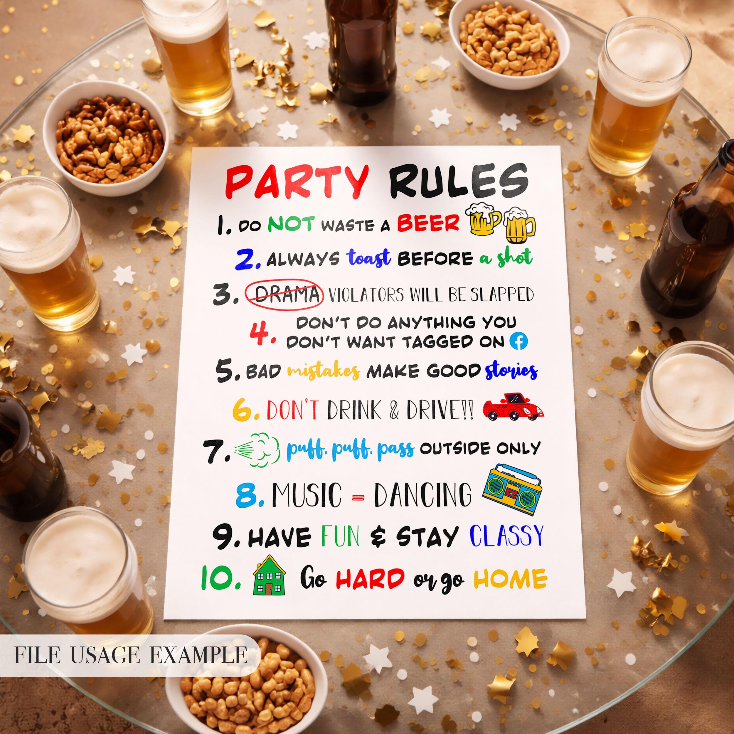 Party Rulers Funny Party Rules Poster for Birthday Party or Adult Bash, Digital ...