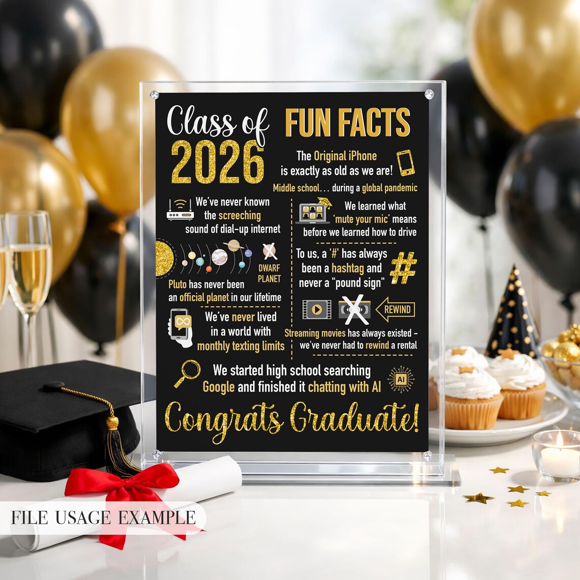 Gradutation Fatcs Class of 2026 Fun Facts Graduation Party Sign Black & Gold, Digital ...