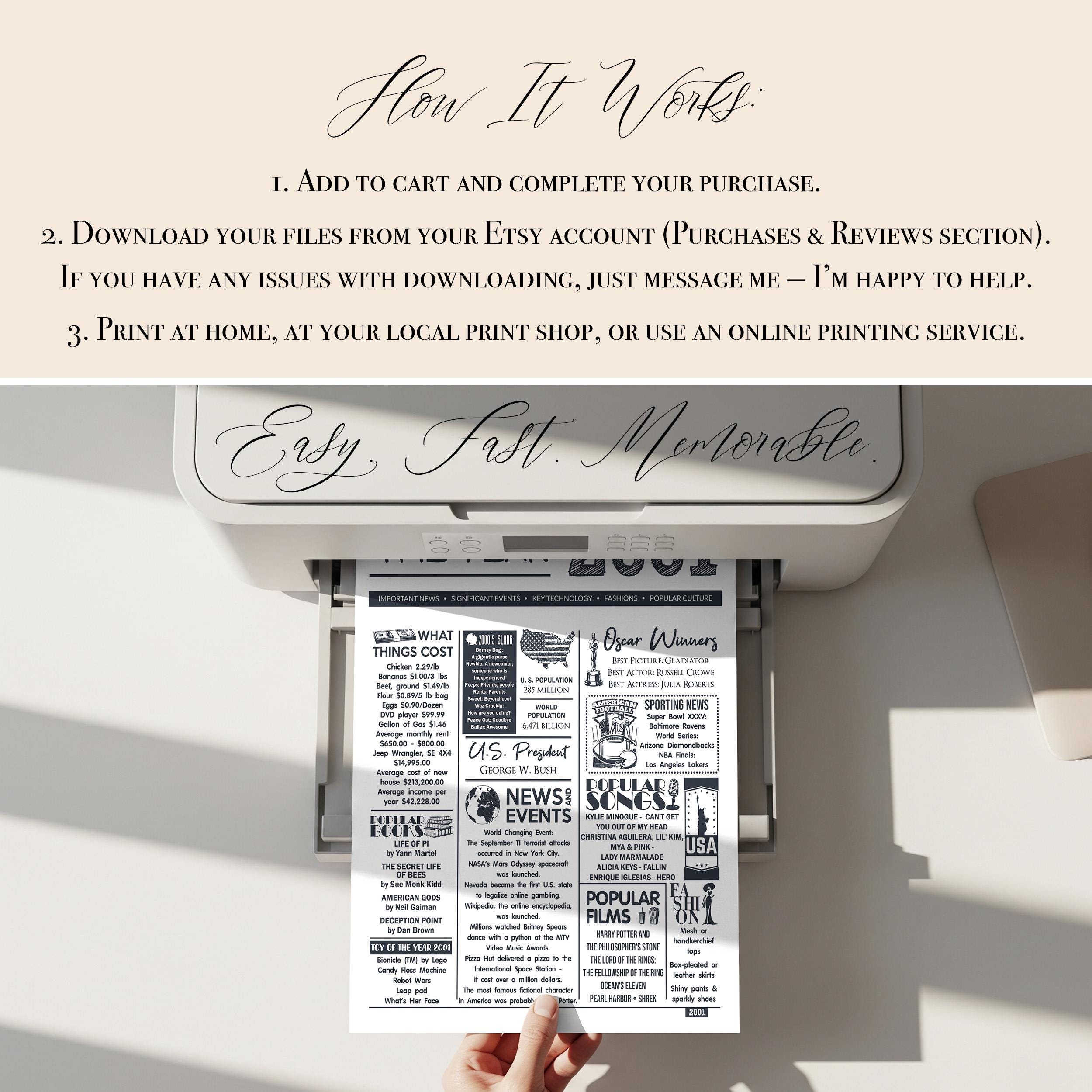 2001 Highlights of the Year Poster, Newspaper Style, Digital Printable ...