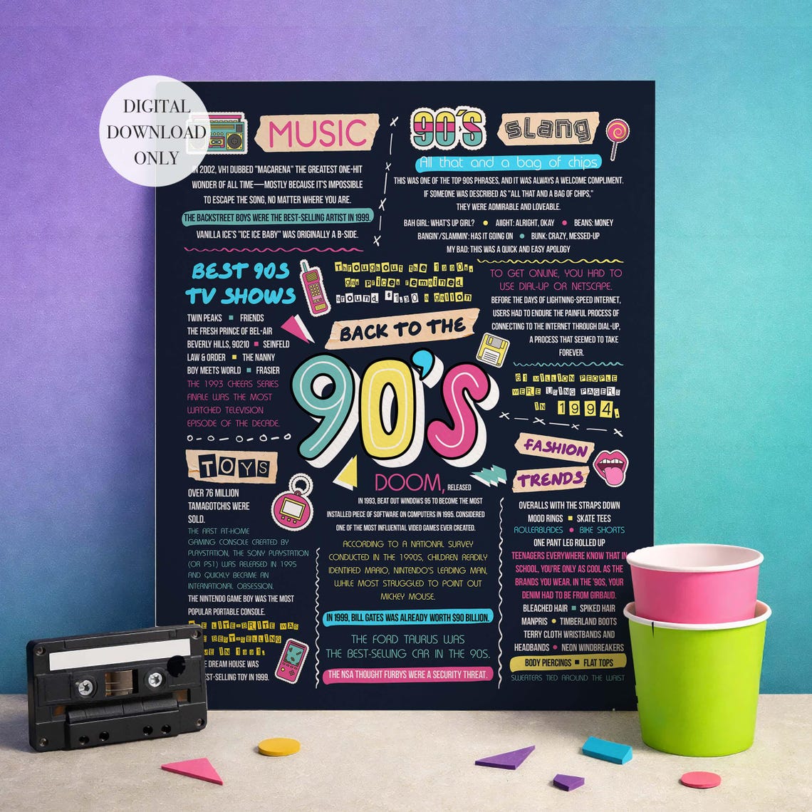 Flashback 90s Theme Bash Facts Sign Class Reunion, Digital Printable ...