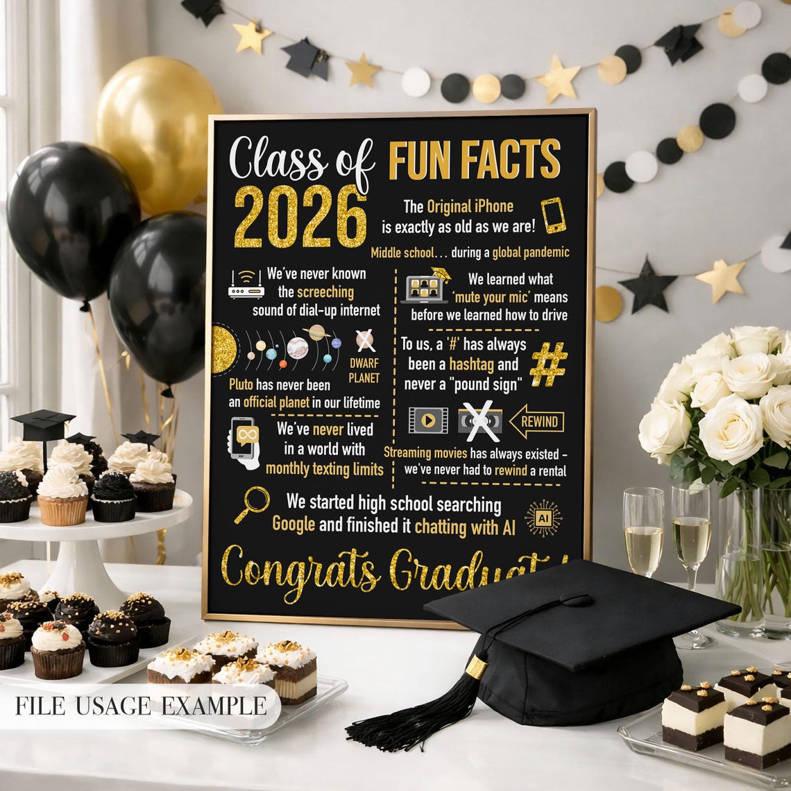 Gradutation Fatcs Class of 2026 Fun Facts Graduation Party Sign Black & Gold, Digital ...