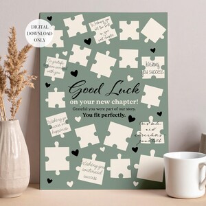 Cartello per il libro degli ospiti a forma di pezzo di puzzle per la festa di addio di un collega, download digitale stampabile.