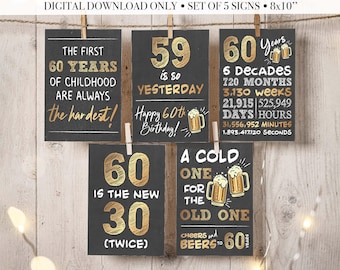 60th Birthday Cheers and Beers to 60 Party Signs Bundle, Digital Printable Download