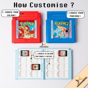 May include: A red and a blue Game Boy cartridge-style storage case, each featuring a Pokémon label. Below, a light blue open storage case with white interior panels holds three Nintendo Switch game cards. Text includes How Customise?